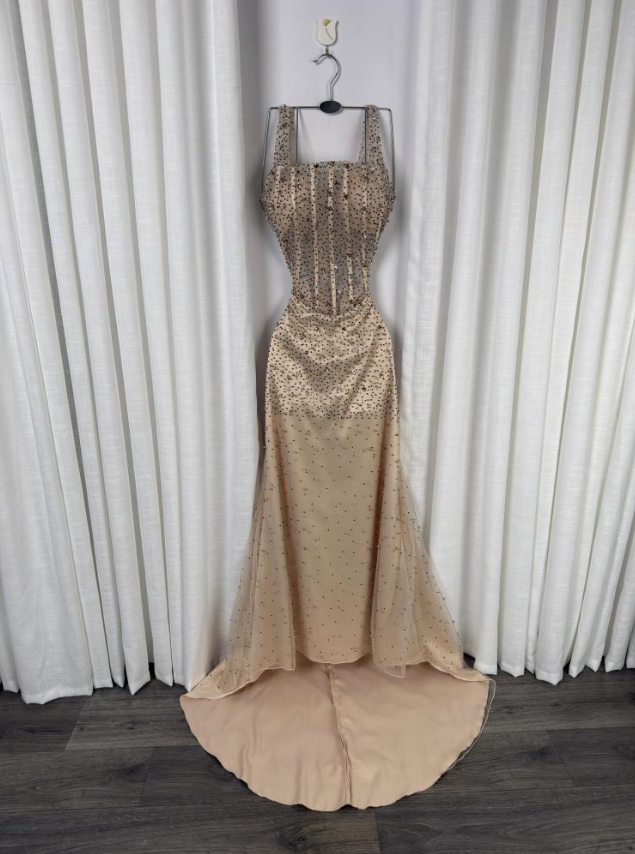 Robe de bal longue de fin d'année, style sirène scintillante, col carré, sequins champagne, référence N1320