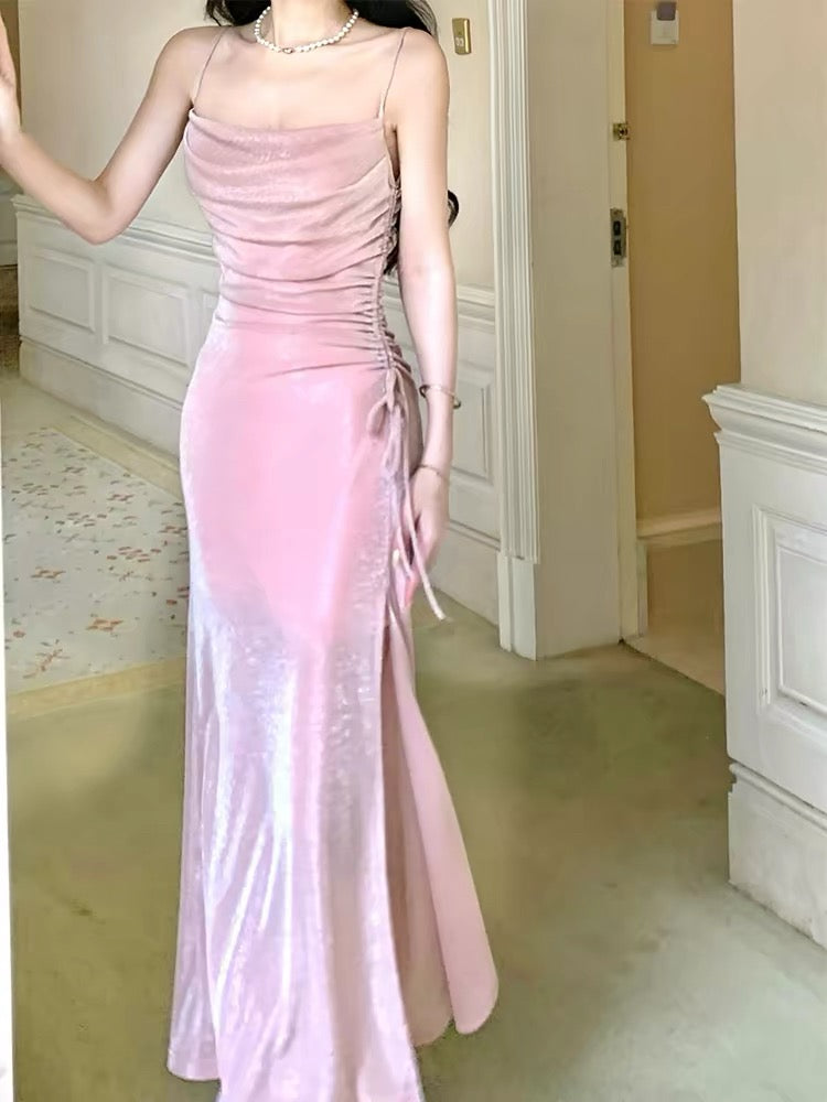 Elegantes, pinkfarbenes Pailletten-Abendkleid im Meerjungfrauenstil mit Spaghettiträgern und Schlitz – perfekt für Highschool-Teenager, Abschlussball oder Tanzabend (N016)