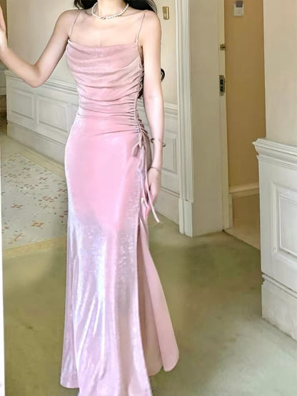 Elegantes, pinkfarbenes Pailletten-Abendkleid im Meerjungfrauenstil mit Spaghettiträgern und Schlitz – perfekt für Highschool-Teenager, Abschlussball oder Tanzabend (N016)