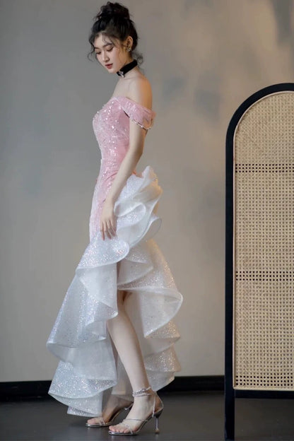 Élégante Robe de Soirée Formelle Sirène Rose Épaules Dénudées Manches Courtes Paillettes Anniversaire Bal de Promo N2816