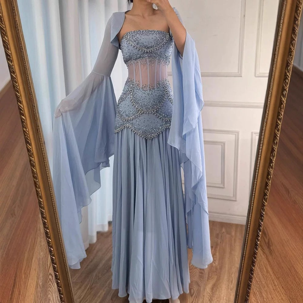 Robe de bal élégante en mousseline de soie bleue, coupe trapèze, sans bretelles, ornée de perles, tenue de soirée pour 20e anniversaire, RB1966