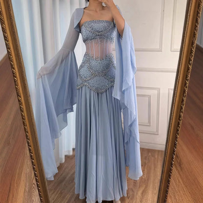 Robe de bal élégante en mousseline de soie bleue, coupe trapèze, sans bretelles, ornée de perles, tenue de soirée pour 20e anniversaire, RB1966