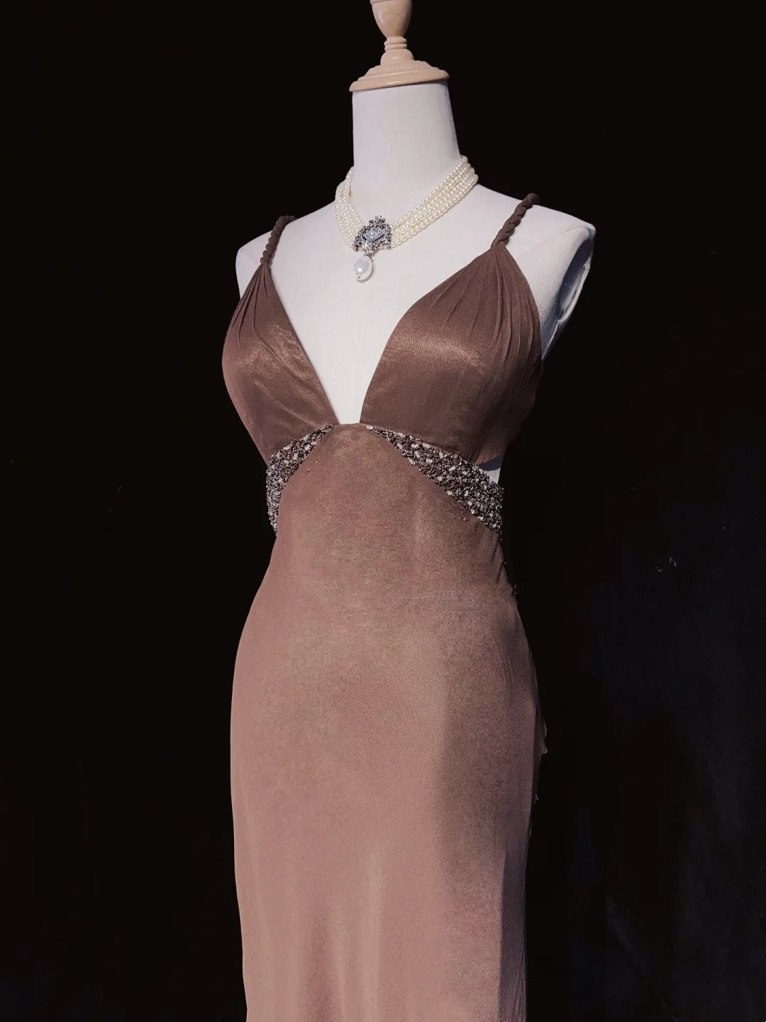Robes de bal modestes Sirène Bretelles fines Marron Sans manches Avec volants Robe de soirée formelle N3839