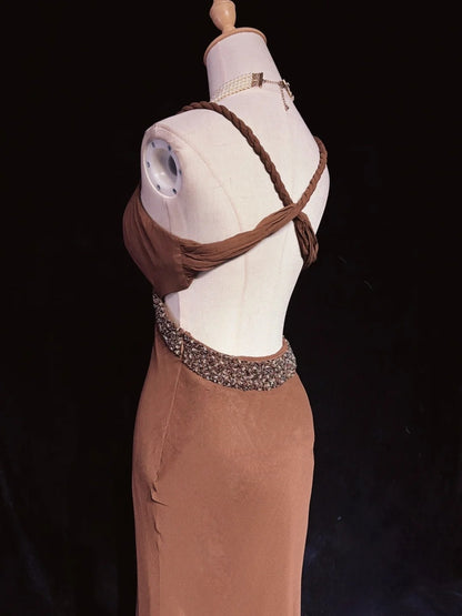 Robes de bal modestes Sirène Bretelles fines Marron Sans manches Avec volants Robe de soirée formelle N3839