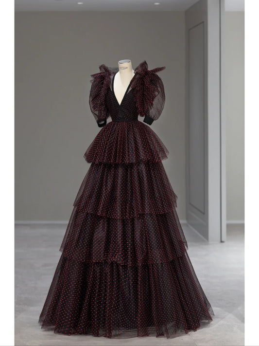 Princess Prom Dresses Ball Gown V Neck Black Tulle Red Polka Dots Sweet 16 Evening Long Formal Dress RB4008