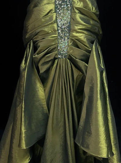 Retro Ballkleid Abschlussball Vintage Kleider Meerjungfrau Sweetheart Olivgrün mit Perlen Lang Festliches Kleid N2319