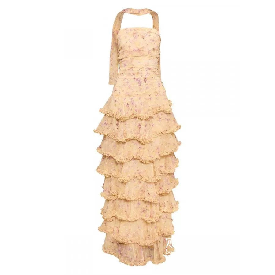 Modest Sheath Strapless Yellow Chiffon Floral Long Prom Dresses Party Dress 22th Birthday Outfits Graduation Dress RB010