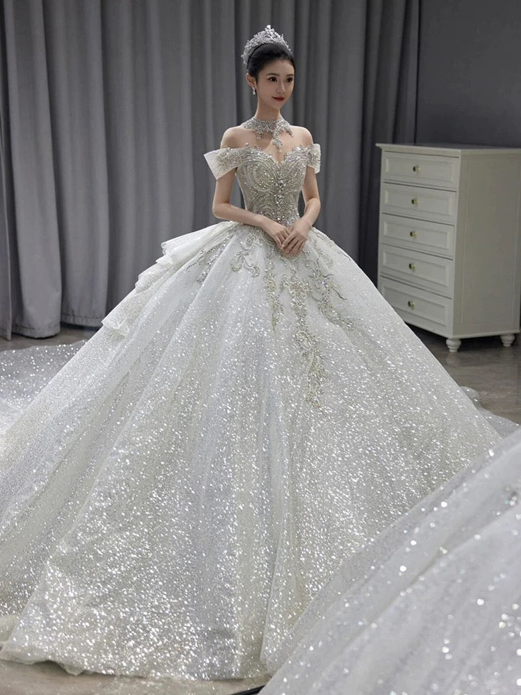 Robe de mariée longue à paillettes, épaules dénudées, manches courtes, blanche et argentée, avec perles, idée de robe de mariée DH2899
