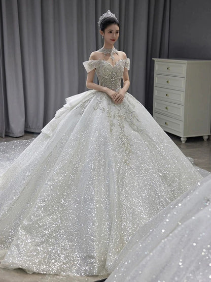 Robe de mariée longue à paillettes, épaules dénudées, manches courtes, blanche et argentée, avec perles, idée de robe de mariée DH2899