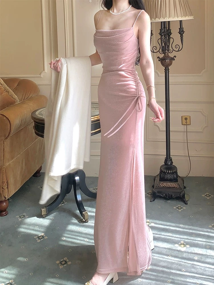 Elegantes, pinkfarbenes Pailletten-Abendkleid im Meerjungfrauenstil mit Spaghettiträgern und Schlitz – perfekt für Highschool-Teenager, Abschlussball oder Tanzabend (N016)