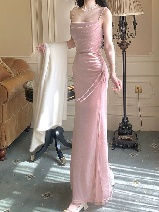 Modest Mermaid Spaghetti Strap Pink Sequin Evening Dresses Slit High School Teens Senior Night Dance Prom Outfits N016
