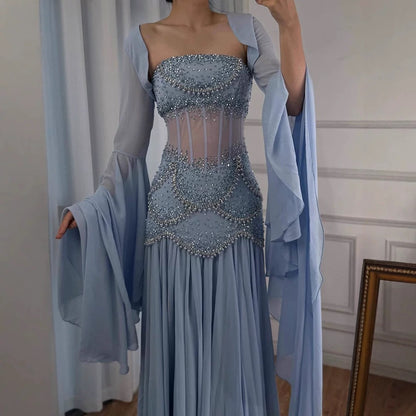 Robe de bal élégante en mousseline de soie bleue, coupe trapèze, sans bretelles, ornée de perles, tenue de soirée pour 20e anniversaire, RB1966