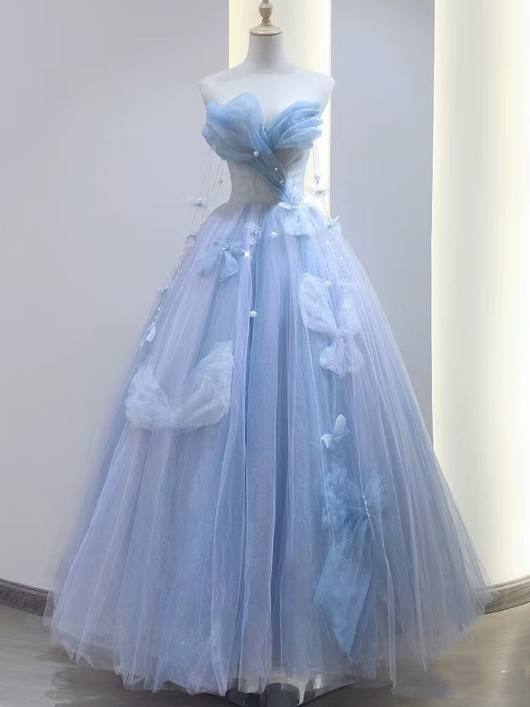 Robe de bal charmante, bustier cœur, tulle bleu, longue, robe de soirée formelle, robe de bal AU112