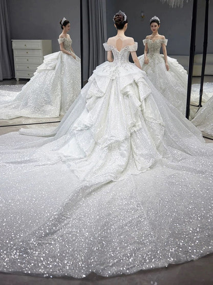 Robe de mariée longue à paillettes, épaules dénudées, manches courtes, blanche et argentée, avec perles, idée de robe de mariée DH2899