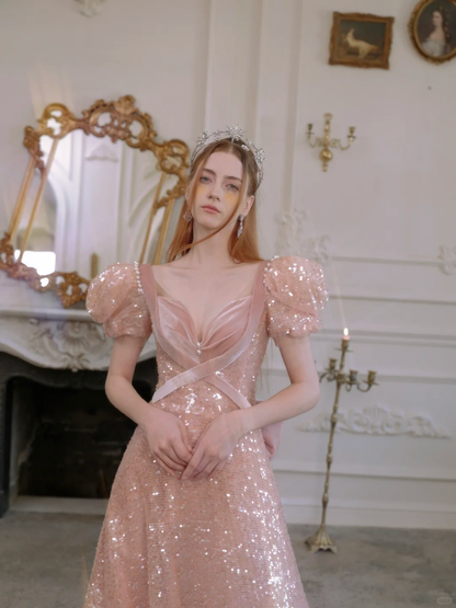Retro-A-Linien-Abendkleid aus rosafarbenem Samt mit Pailletten – ein beeindruckendes Outfit für den 18. Geburtstag (R1870)
