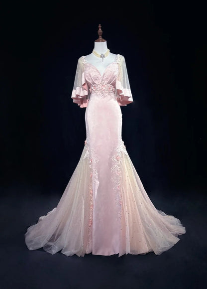 Vintage Abschlussballkleider 90er Jahre Meerjungfrau Sweetheart Pink Satin mit Applikationen und Perlenbesatz Lange Abendgarderobe N3193