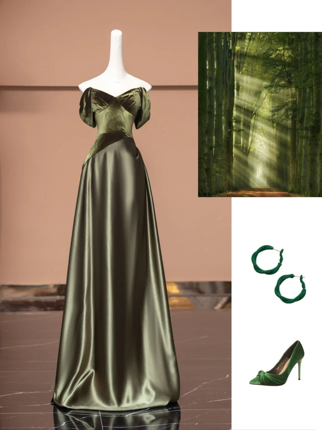 Magnifique robe de soirée formelle en satin vert olive, coupe trapèze, épaules dénudées, référence N725