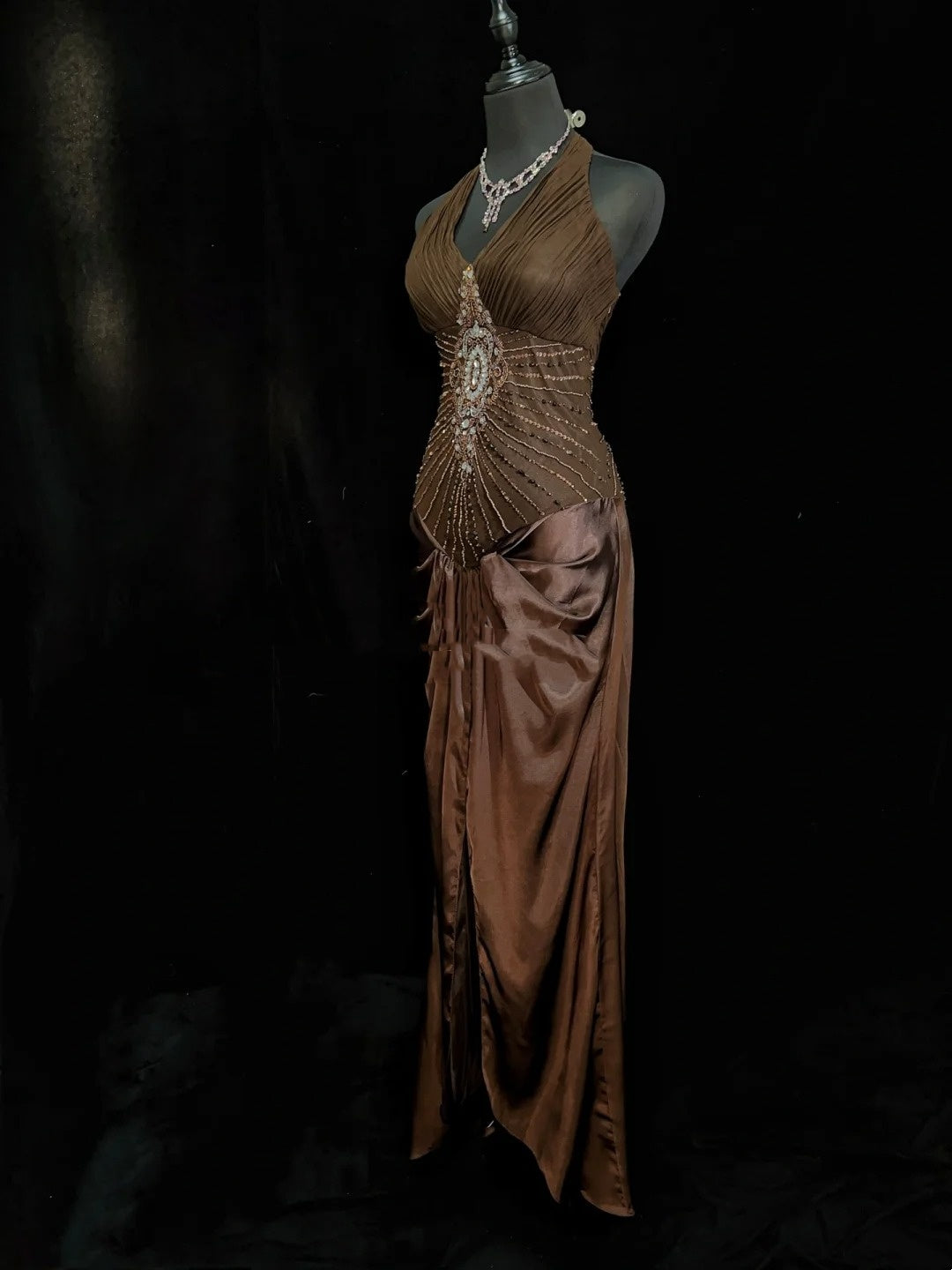 Belles robes de bal inspiration sirène, dos nu en satin avec perles, robe de soirée chocolat pour femmes N3194