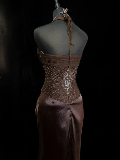 Belles robes de bal inspiration sirène, dos nu en satin avec perles, robe de soirée chocolat pour femmes N3194