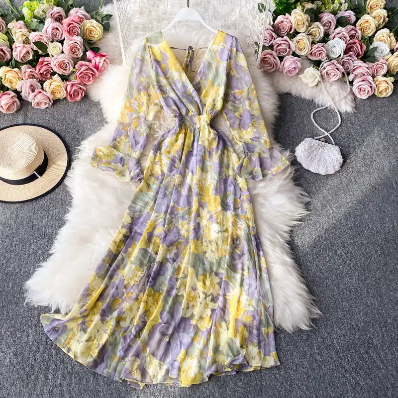 Simple V Neck Floral Dress A Line Fashion Dress RF0135