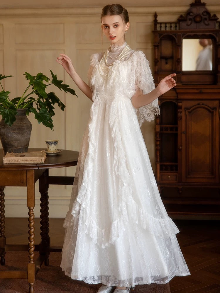 Princess Wedding Dresses A line High Neck White With Sleeves Long Summer Garden Wedding Dress N4104