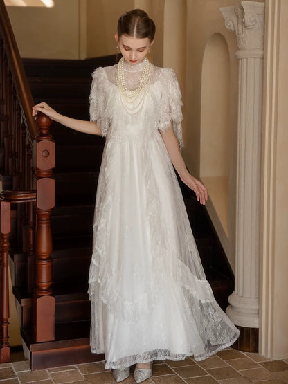 Princess Wedding Dresses A line High Neck White With Sleeves Long Summer Garden Wedding Dress N4104