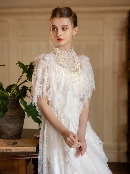 Princess Wedding Dresses A line High Neck White With Sleeves Long Summer Garden Wedding Dress N4104