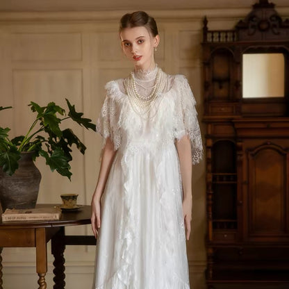 Princess Wedding Dresses A line High Neck White With Sleeves Long Summer Garden Wedding Dress N4104