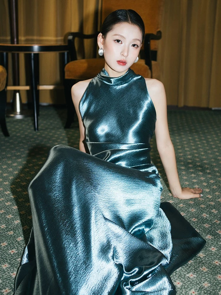 Robe de bal élégante en satin bleu, coupe trapèze modeste, col haut, dos nu, pour anniversaire et soirée N4105