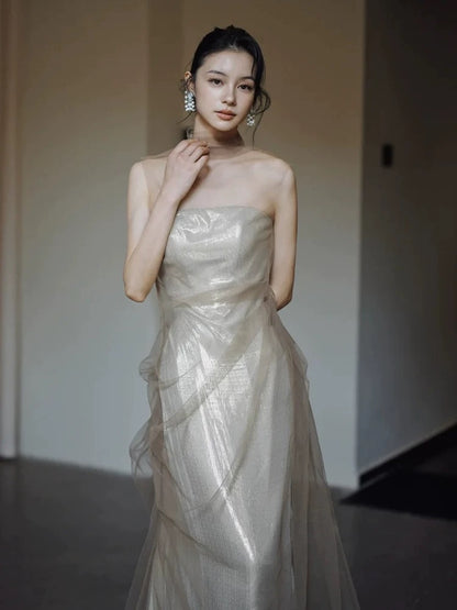 Modest Sheath Strapless Sequin Long 18th Birthday Elegant Outfit Formal Prom Dresses N4108