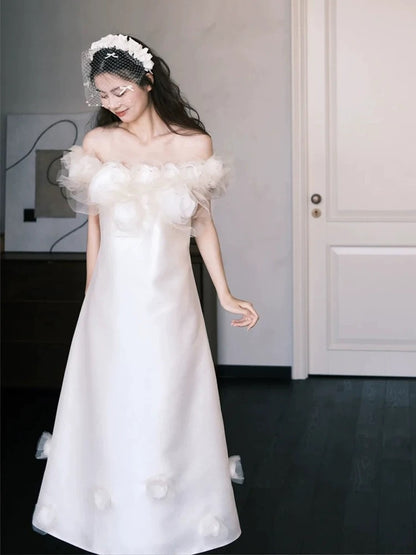 Princess Wedding Dresses Ball Gown Off The Shoulder White Ankle Length Summer Garden Wedding Dress N4109