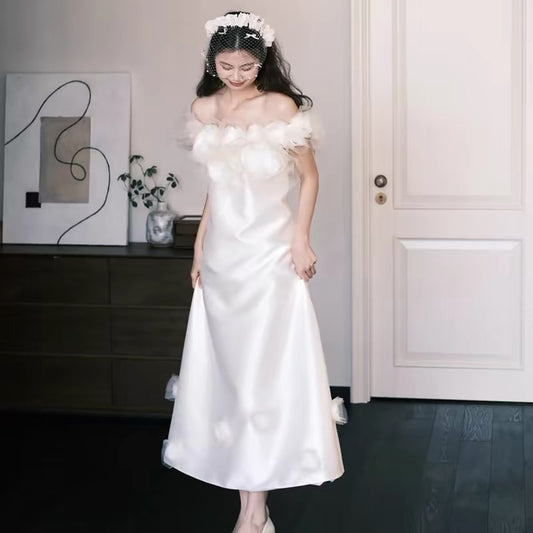Princess Wedding Dresses Ball Gown Off The Shoulder White Ankle Length Summer Garden Wedding Dress N4109