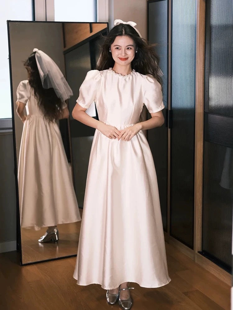 Simple Wedding Dresses A line Scoop White Ankle Length Summer Garden Wedding Dress N4110