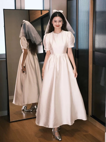 Simple Wedding Dresses A line Scoop White Ankle Length Summer Garden Wedding Dress N4110