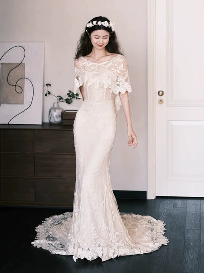 Simple Wedding Dresses Mermaid Bateau Neck Lace Long Summer Garden Wedding Dress N4111