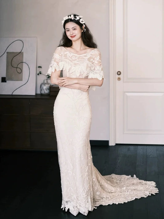 Simple Wedding Dresses Mermaid Bateau Neck Lace Long Summer Garden Wedding Dress N4111