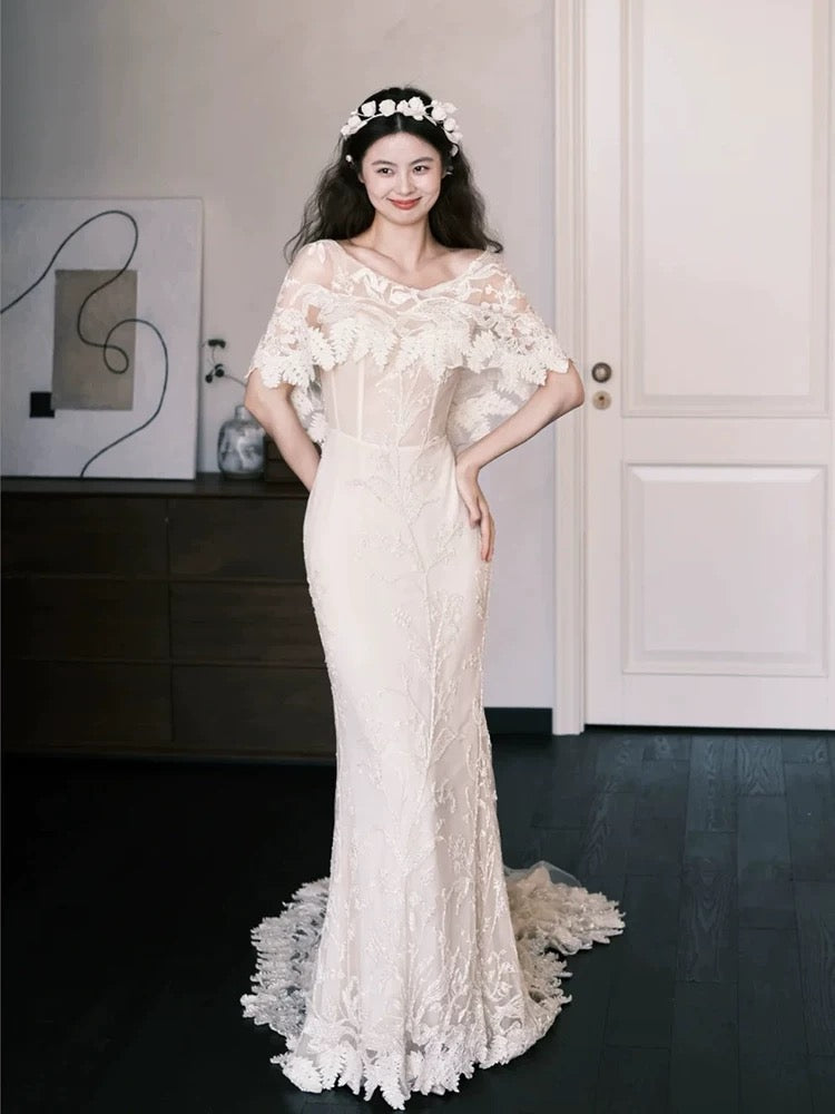 Simple Wedding Dresses Mermaid Bateau Neck Lace Long Summer Garden Wedding Dress N4111