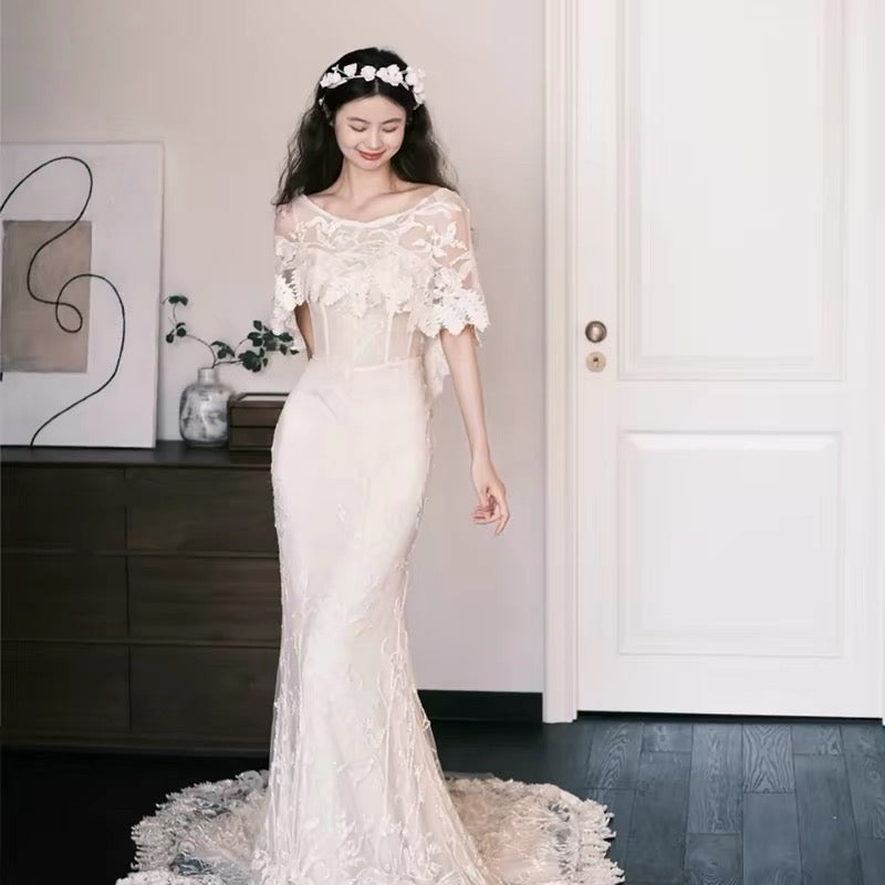 Simple Wedding Dresses Mermaid Bateau Neck Lace Long Summer Garden Wedding Dress N4111