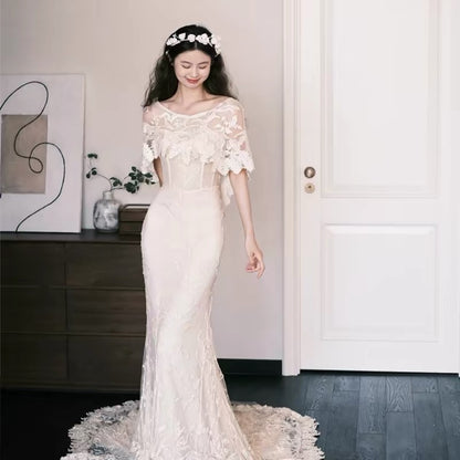 Simple Wedding Dresses Mermaid Bateau Neck Lace Long Summer Garden Wedding Dress N4111