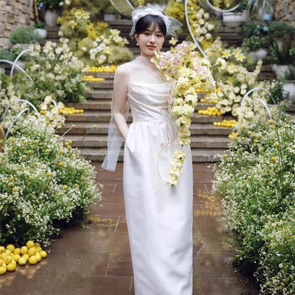Simple Wedding Dresses Sheath Strapless Satin With Pockets Long Summer Garden Wedding Dress N4112