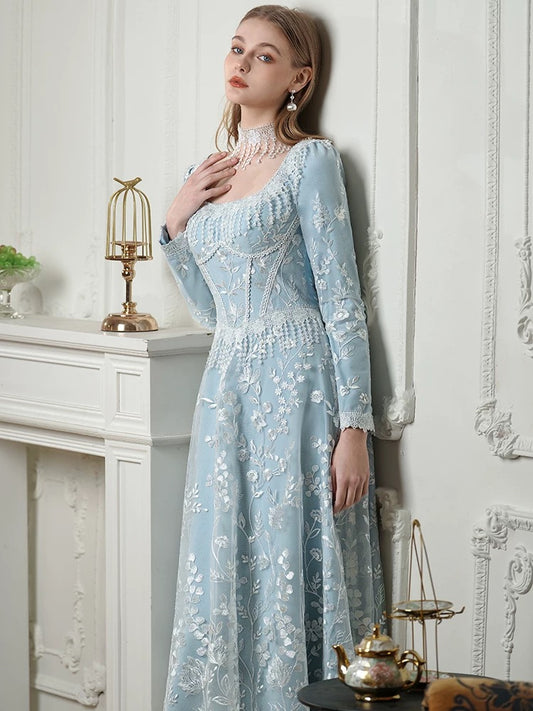 Modest A Line Square Neck Blue Sequin Mid Length 18th Birthday Elegant Outfit Formal Prom Dresses N4113