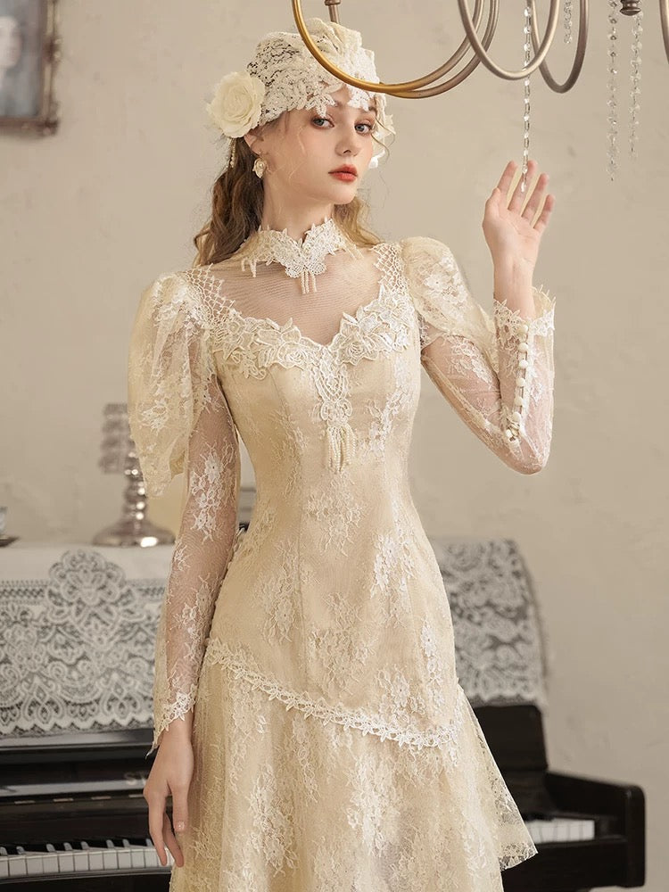 Vintage Wedding Dresses A Line High Neck Sleeves With Lace Tea Length Summer Garden Wedding Dress N4092