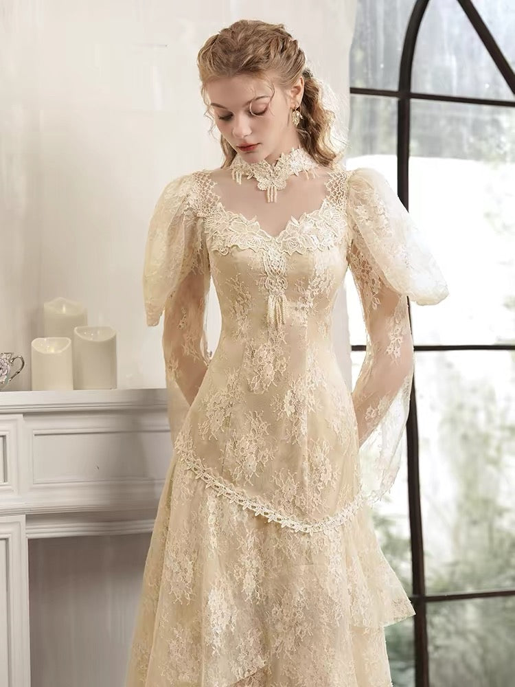 Vintage Wedding Dresses A Line High Neck Sleeves With Lace Tea Length Summer Garden Wedding Dress N4092