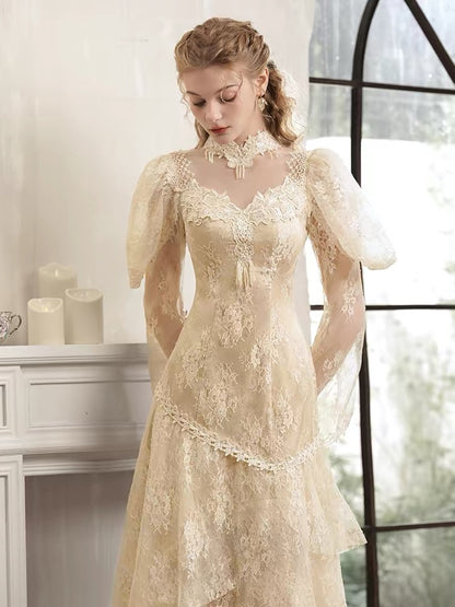 Vintage Wedding Dresses A Line High Neck Sleeves With Lace Tea Length Summer Garden Wedding Dress N4092