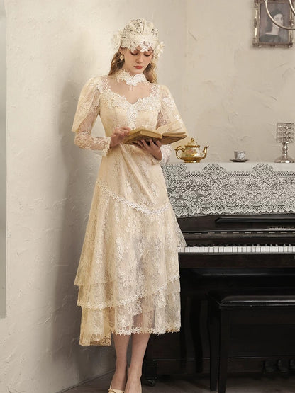 Vintage Wedding Dresses A Line High Neck Sleeves With Lace Tea Length Summer Garden Wedding Dress N4092