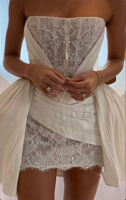 Unique Wedding Dresses Sheath Strapless White Short With Lace Short Length Summer Garden Wedding Dress N4093