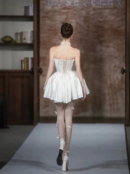 Unique Wedding Dresses Sheath Strapless White Short With Lace Short Length Summer Garden Wedding Dress N4093