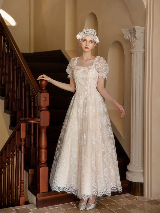 Vintage Wedding Dresses A Line Square Short Sleeves With Lace Ankle Length Summer Garden Wedding Dress N4095