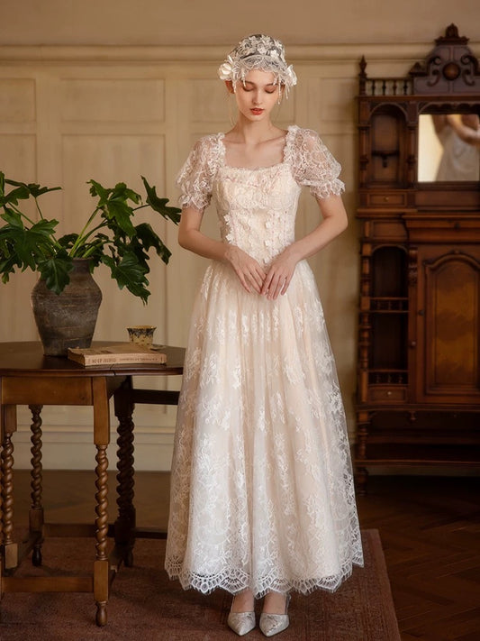 Vintage Wedding Dresses A Line Square Short Sleeves With Lace Ankle Length Summer Garden Wedding Dress N4095