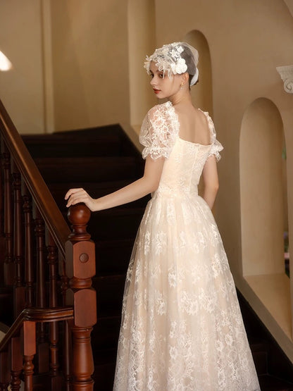 Vintage Wedding Dresses A Line Square Short Sleeves With Lace Ankle Length Summer Garden Wedding Dress N4095